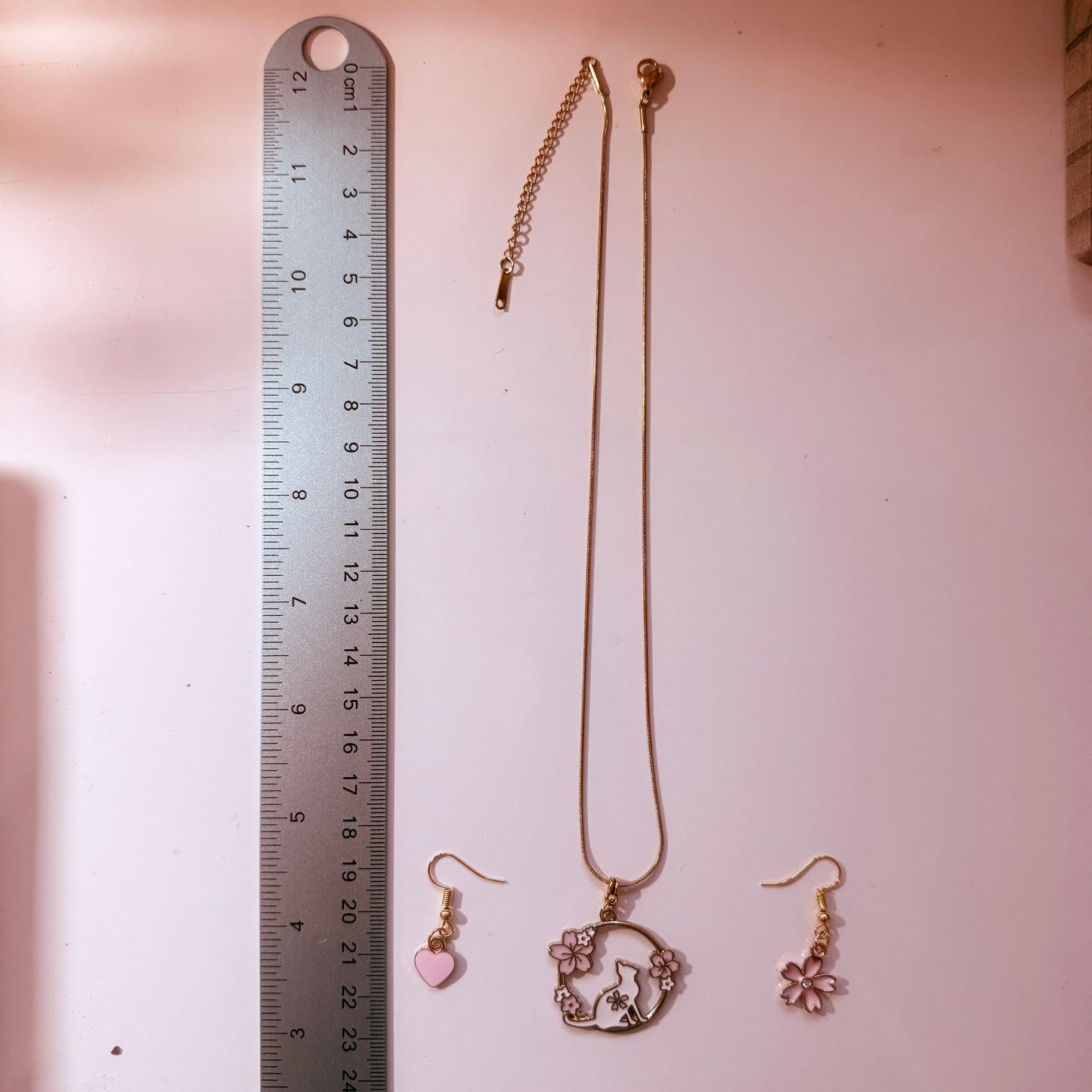Handmade Fashion Whimsical Cat And Sakura Blossom Jewelry Necklace Earring Set