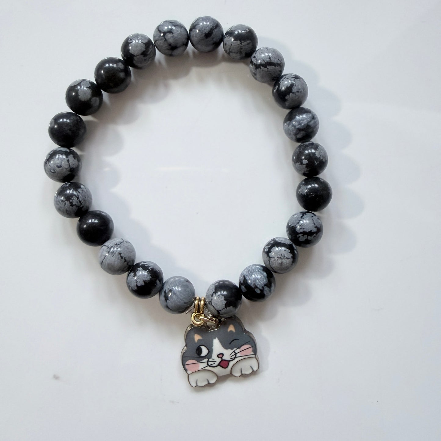 Handmade Unique Gemstone Snowflake Obsidian Beaded Cat Charm Bracelet 8mm