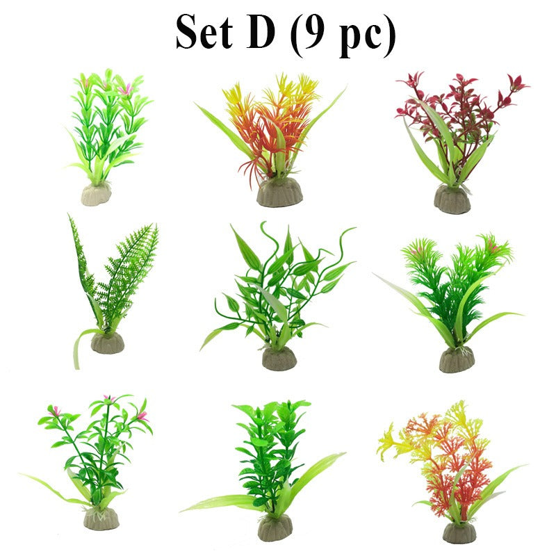 9pc Aquarium Fish Tank Decor Artificial Plants Flower Grass Lucky Bamboo Leaves