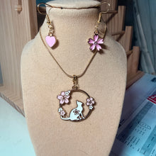 Handmade Fashion Whimsical Cat And Sakura Blossom Jewelry Necklace Earring Set