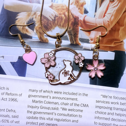 Handmade Fashion Whimsical Cat And Sakura Blossom Jewelry Necklace Earring Set