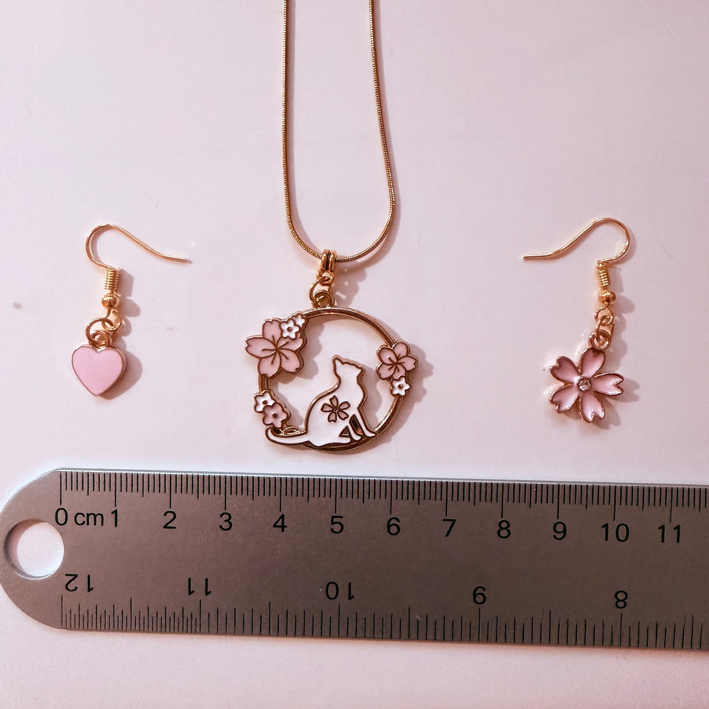 Handmade Fashion Whimsical Cat And Sakura Blossom Jewelry Necklace Earring Set