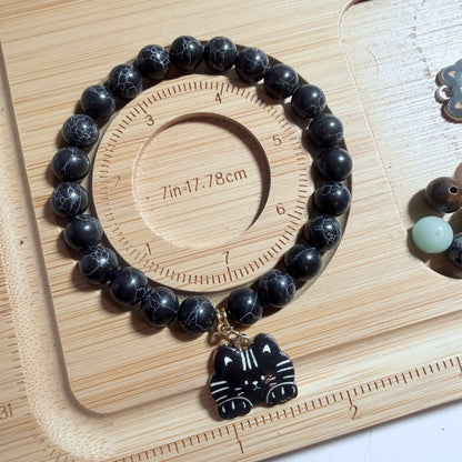 Handmade Unique  Natural Black Gemstone Cat Charm Bracelet 8mm
