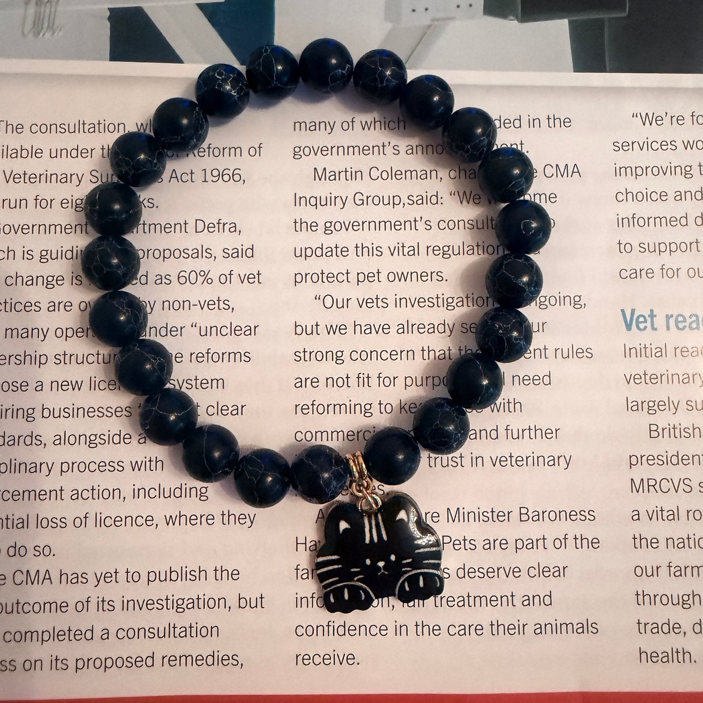 Handmade Unique  Natural Black Gemstone Cat Charm Bracelet 8mm