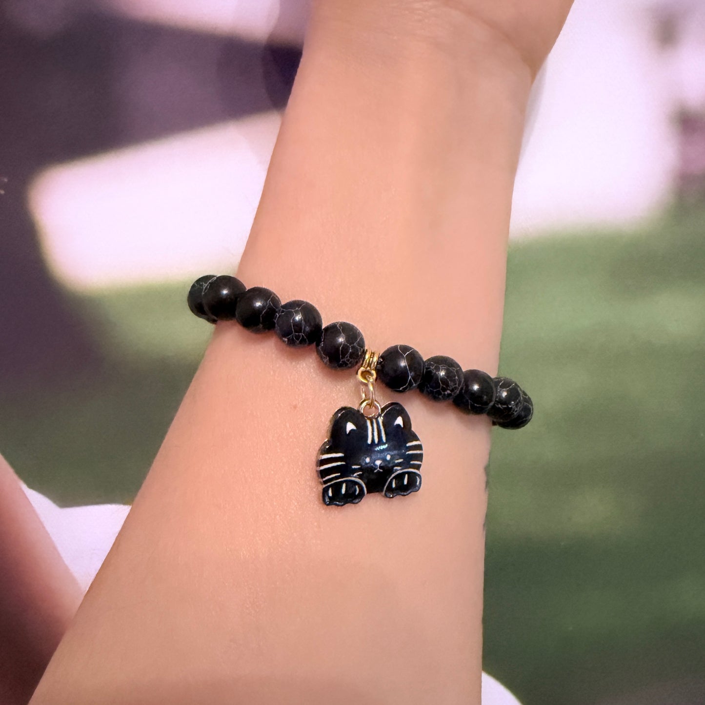 Handmade Unique  Natural Black Gemstone Cat Charm Bracelet 8mm