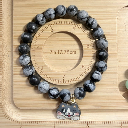 Handmade Unique Gemstone Snowflake Obsidian Beaded Cat Charm Bracelet 8mm