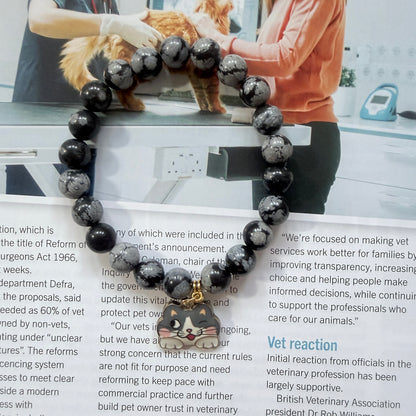 Handmade Unique Gemstone Snowflake Obsidian Beaded Cat Charm Bracelet 8mm