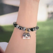Handmade Unique Gemstone Snowflake Obsidian Beaded Cat Charm Bracelet 8mm