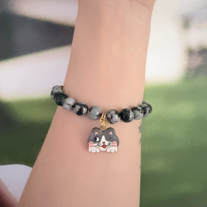 Handmade Unique Gemstone Snowflake Obsidian Beaded Cat Charm Bracelet 8mm