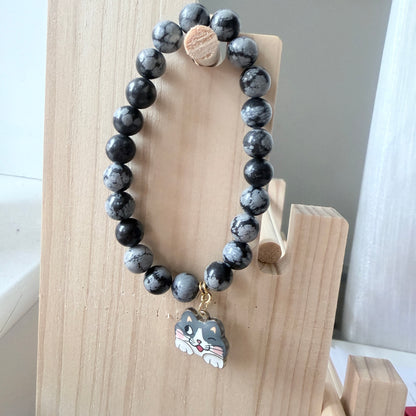 Handmade Unique Gemstone Snowflake Obsidian Beaded Cat Charm Bracelet 8mm