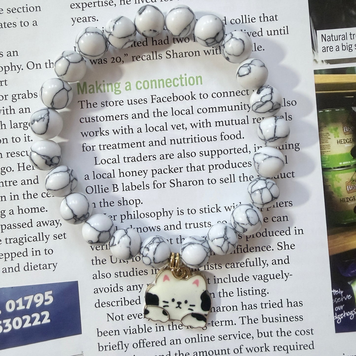 Handmade Unique White Howlite Gemstone Beaded With Cat Charm Bracelet 8mm