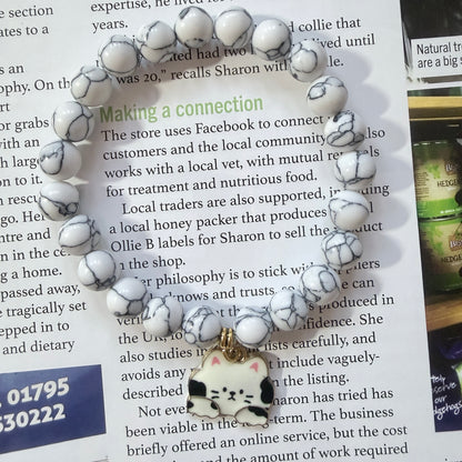 Handmade Unique White Howlite Gemstone Beaded With Cat Charm Bracelet 8mm