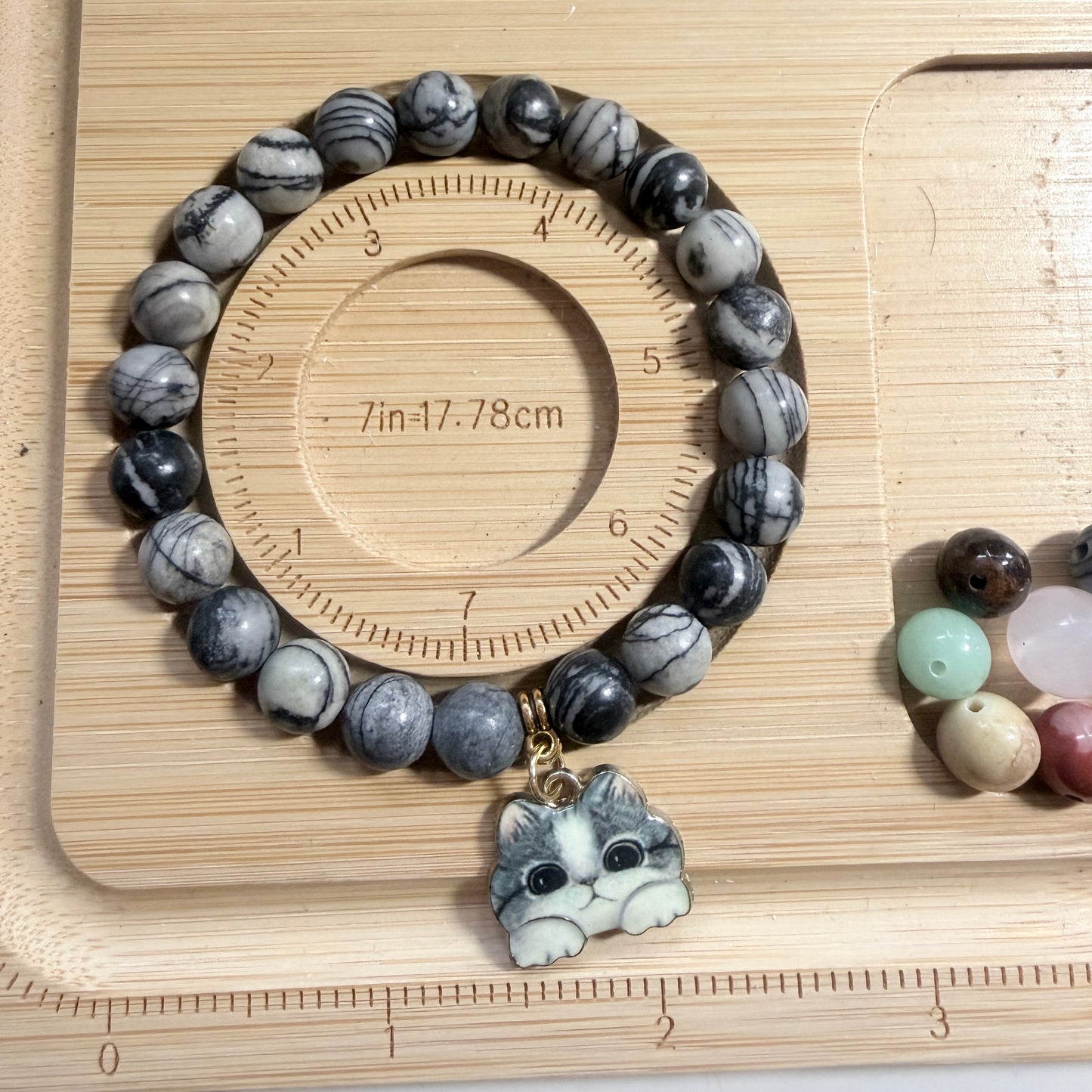 Handmade Unique Black Veined Jasper Gemstone Cat Charm Bracelet 8mm