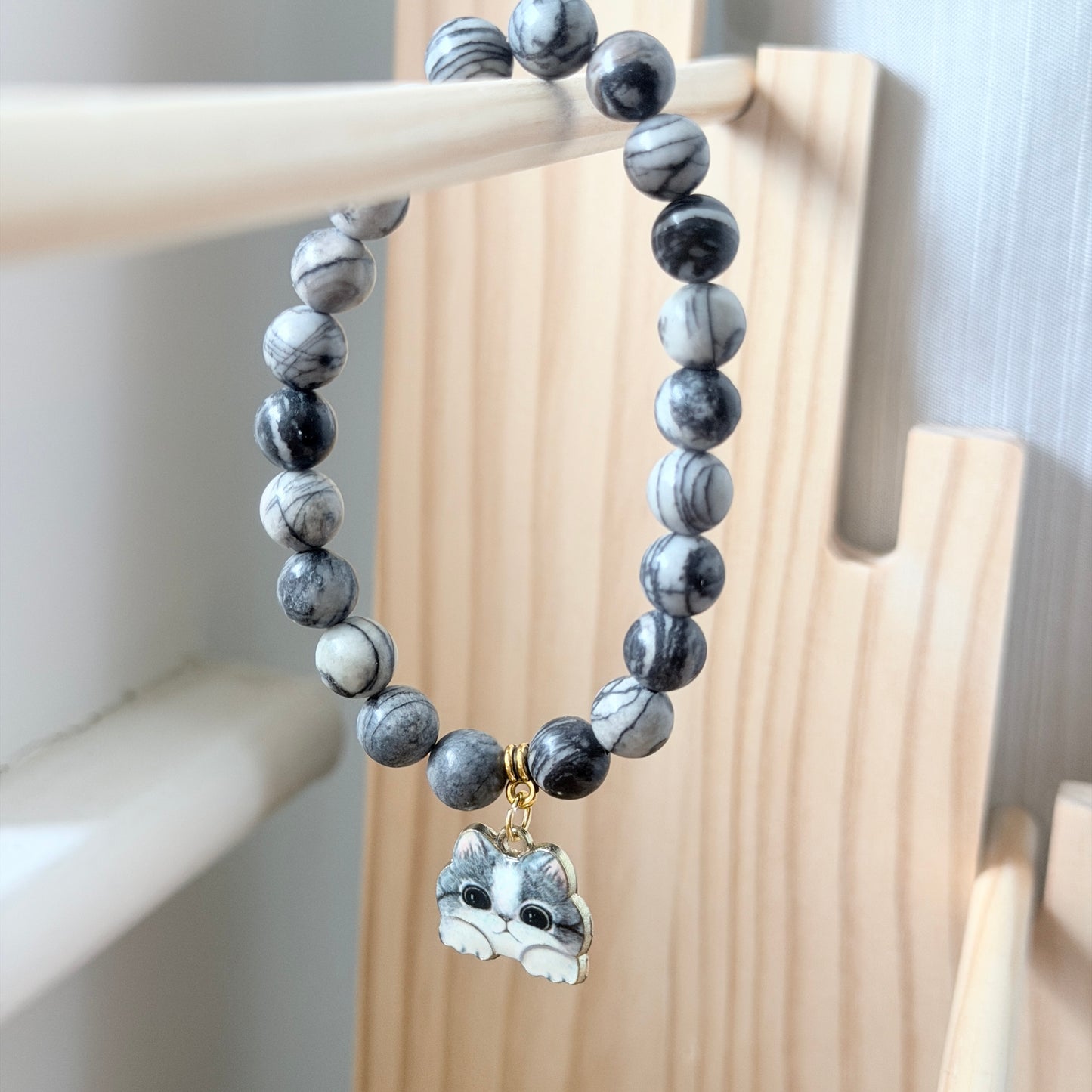 Handmade Unique Black Veined Jasper Gemstone Cat Charm Bracelet 8mm