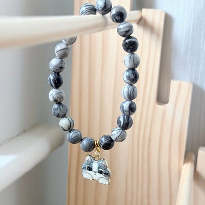 Handmade Unique Black Veined Jasper Gemstone Cat Charm Bracelet 8mm