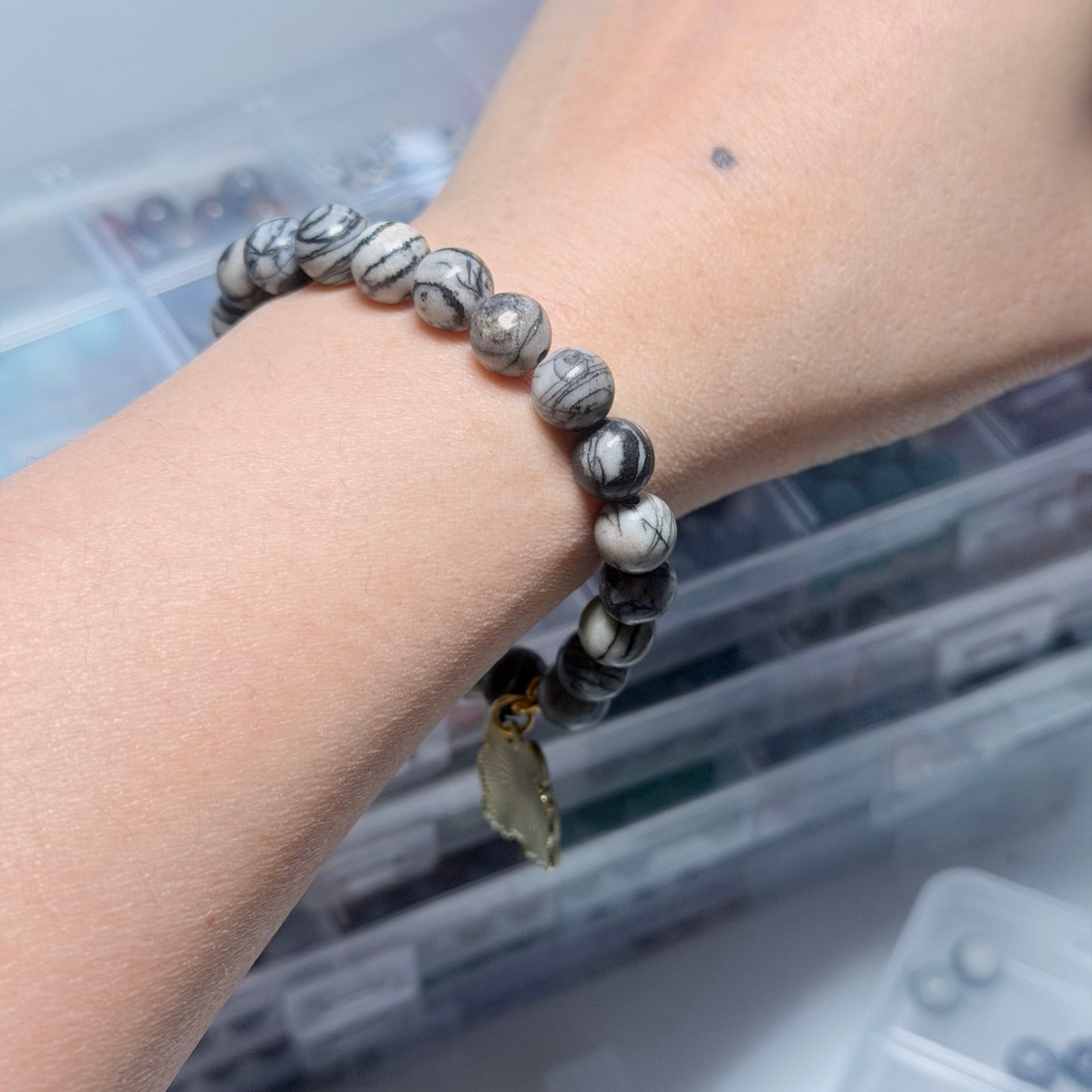 Handmade Unique Black Veined Jasper Gemstone Cat Charm Bracelet 8mm