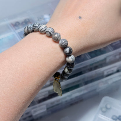 Handmade Unique Black Veined Jasper Gemstone Cat Charm Bracelet 8mm