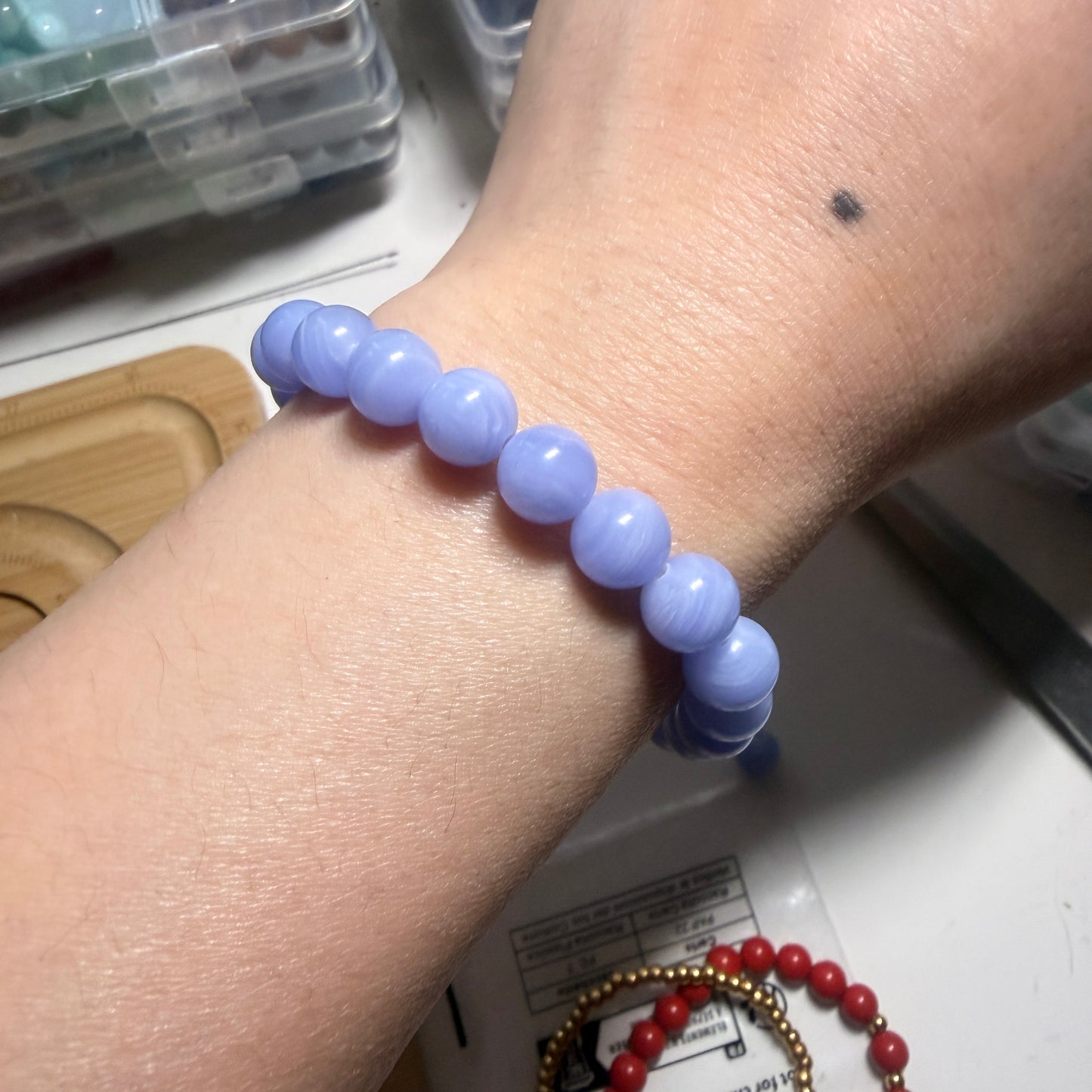 Handmade Unique Blue Lace Agate Crystal Gemstone Cat Charm Beaded Bracelet 8mm