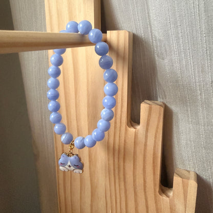 Handmade Unique Blue Lace Agate Crystal Gemstone Cat Charm Beaded Bracelet 8mm