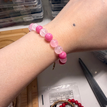 Handmade Unique Rose Quartz Crystal Beaded Cat Charm Bracelet 8mm