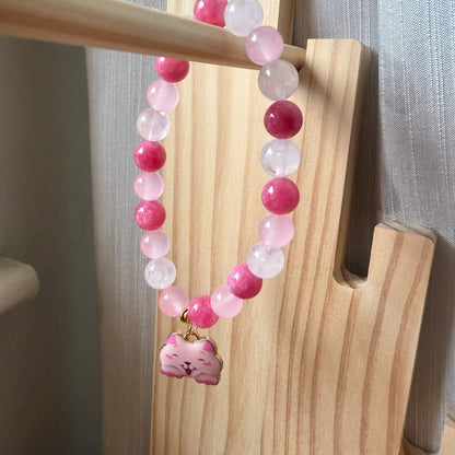 Handmade Unique Rose Quartz Crystal Beaded Cat Charm Bracelet 8mm