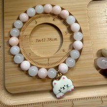 Handmade Unique Beige and White Quartz Crystal Cat Charm Beaded Bracelet 8mm