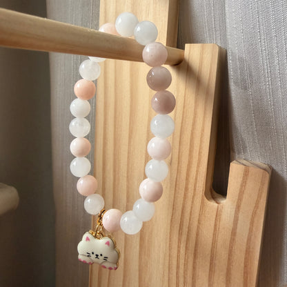 Handmade Unique Beige and White Quartz Crystal Cat Charm Beaded Bracelet 8mm