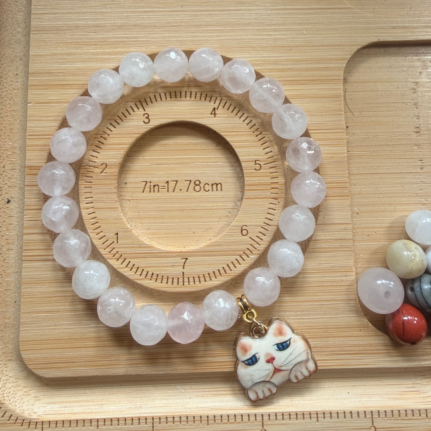 Handmade Unique Light Pink and White Quartz Crystal Beaded Cat Charm Bracelet 8mm
