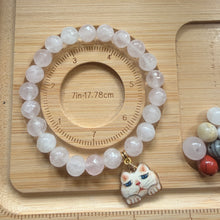 Handmade Unique Light Pink and White Quartz Crystal Beaded Cat Charm Bracelet 8mm