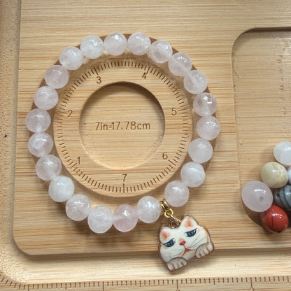 Handmade Unique Light Pink and White Quartz Crystal Beaded Cat Charm Bracelet 8mm