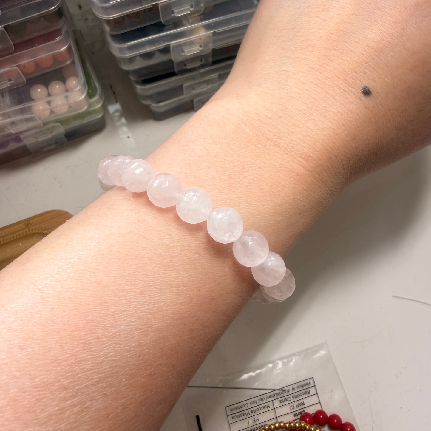 Handmade Unique Light Pink and White Quartz Crystal Beaded Cat Charm Bracelet 8mm