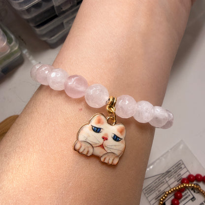 Handmade Unique Light Pink and White Quartz Crystal Beaded Cat Charm Bracelet 8mm