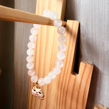 Handmade Unique Light Pink and White Quartz Crystal Beaded Cat Charm Bracelet 8mm