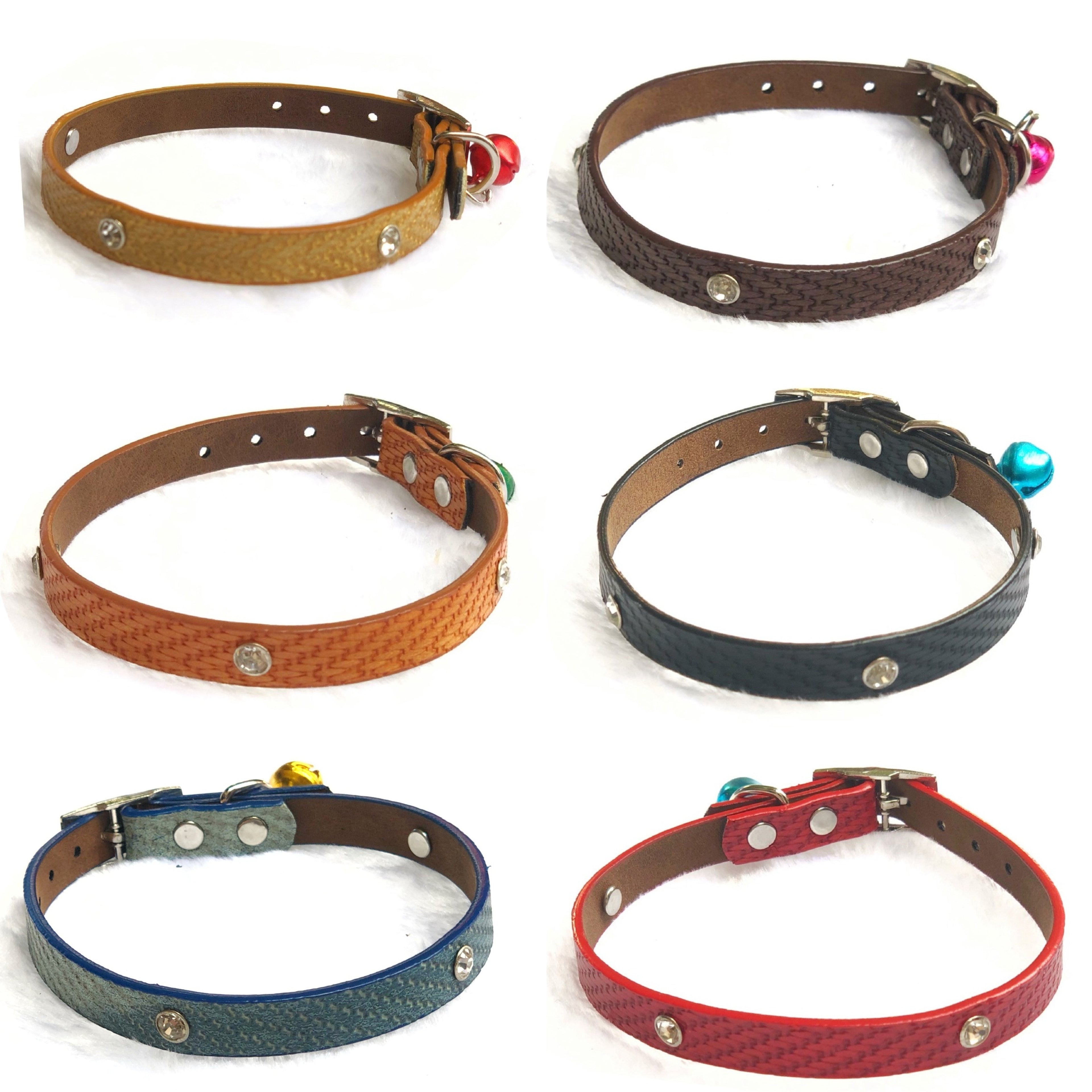 Crystal Studs Adjustable Kitten Cat Puppy Dog Small Pet Faux Leather Collar With Bell