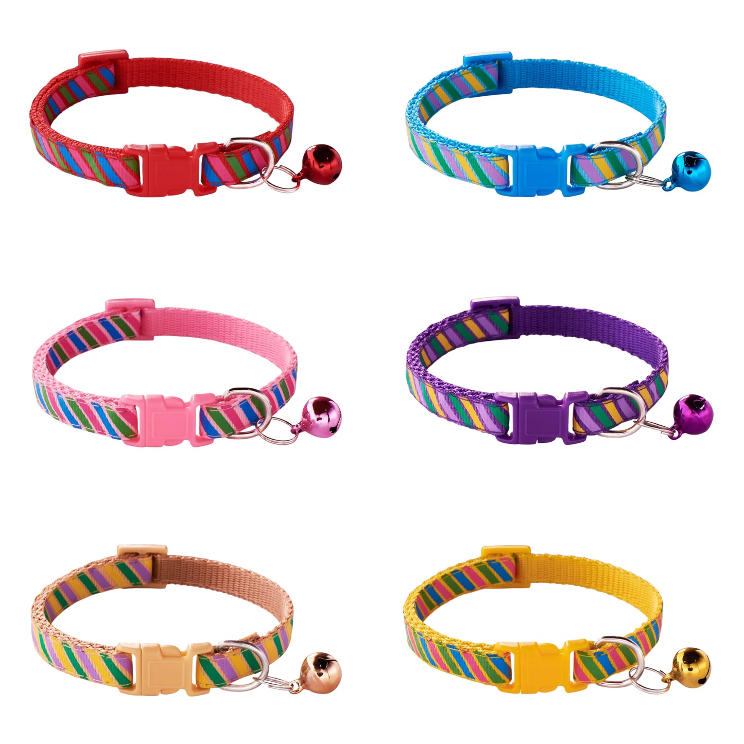 Rainbow Stripes Adjustable Kitten Cat Collar With Bell And Snap Buckle