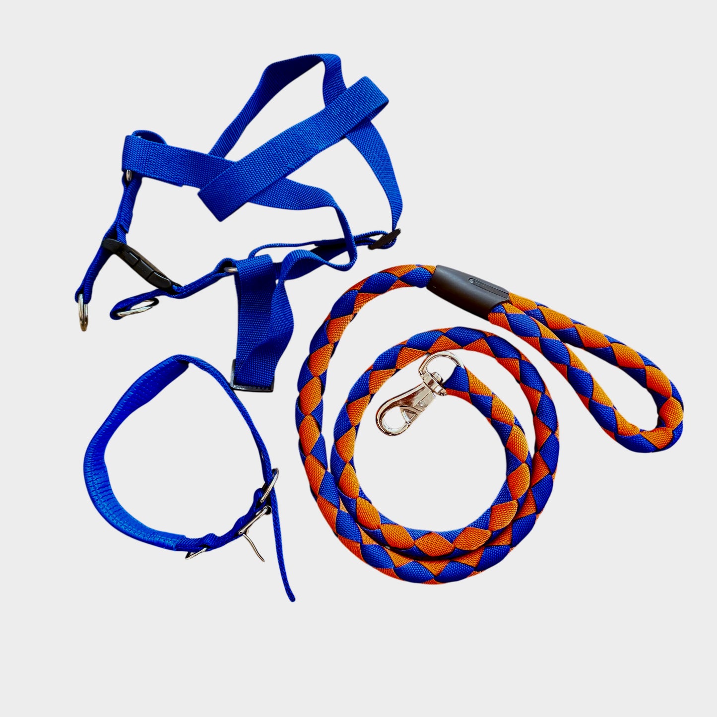 Size XL 3pc Strong Nylon Rope Dog Lead Leash Collar Chest Back Harness Set