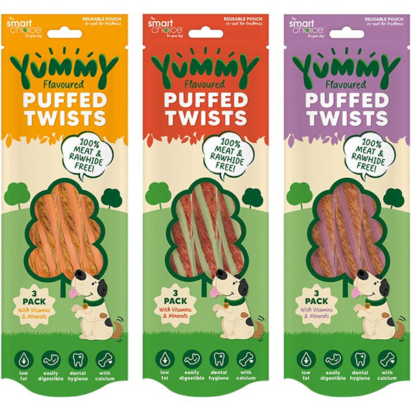 Smart Choice Meat-free Yummy Puffed Beef Chicken Duck Twists Dog Treats 3 Pack 120g