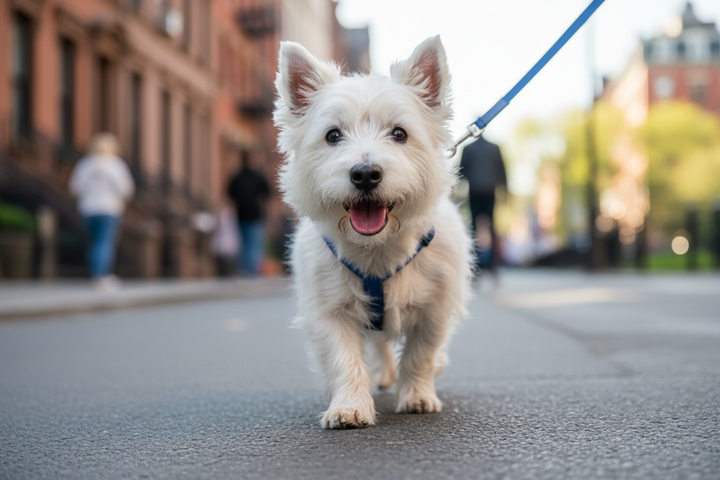 a close up on westie being walked on street