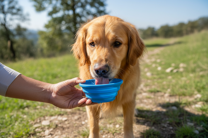 Dog drink water from a collapsible feeding bowl holding by a human hand
