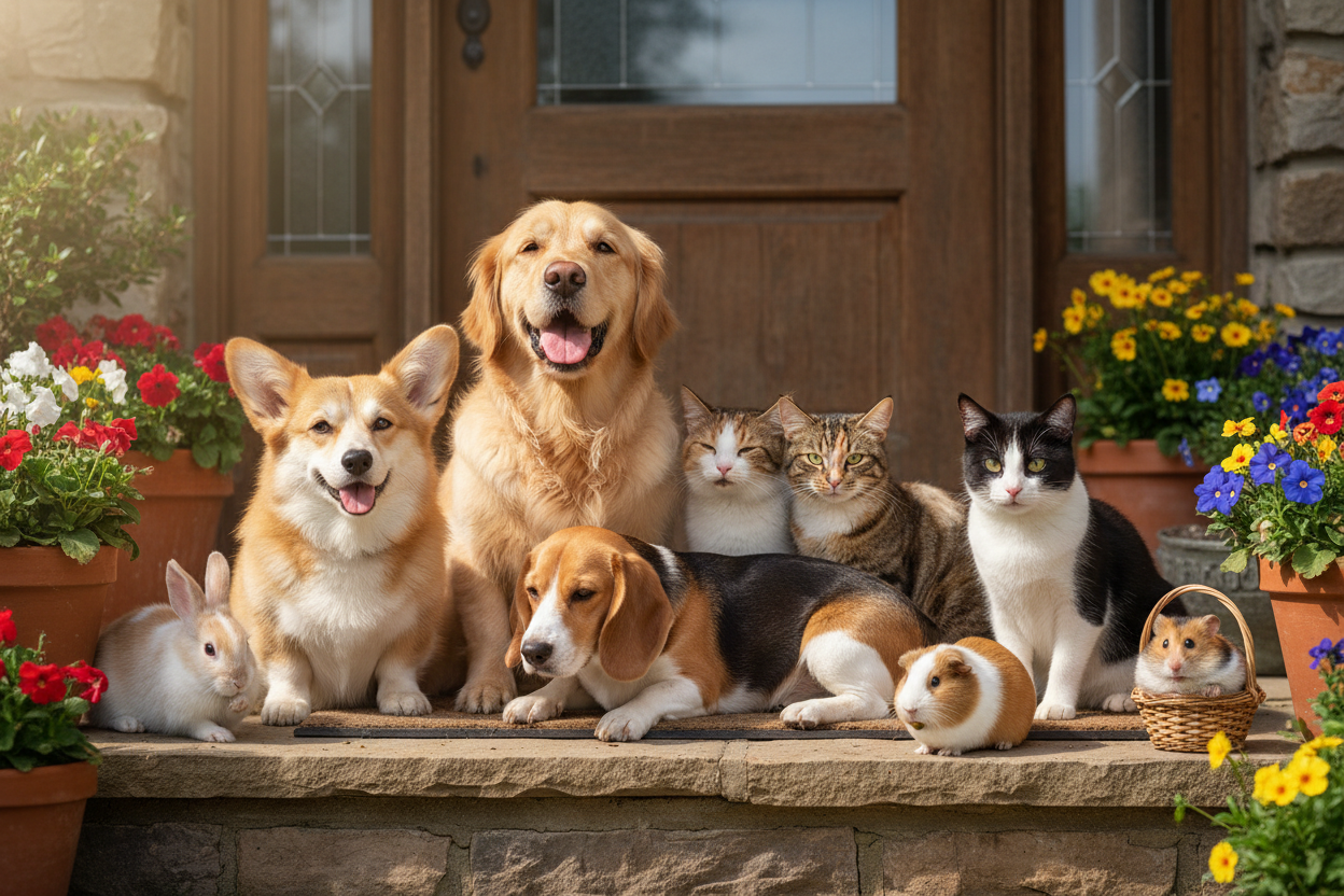 happy dogs, cats, small animal pets of various breeds sitting on the door step