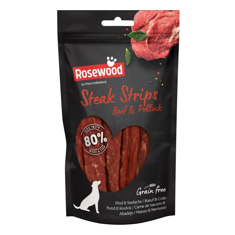 ROSEWOOD Steak Strips Beef And Pollock Dog Treats 100g