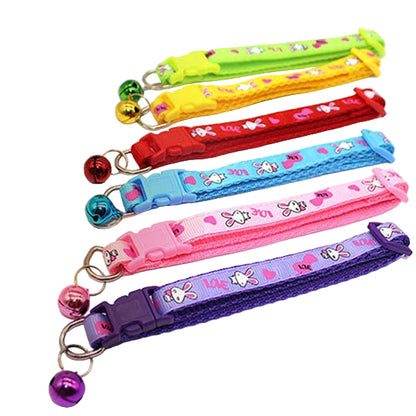 Bunny Rabbits Patterned Cat Collar Adjustable Kitten Puppy Dog Bell Snap Buckle