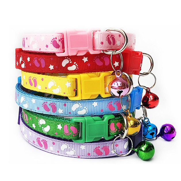 Baby Footprint Patterned Adjustable Kitten Cat Collar With Bell And Snap Buckle