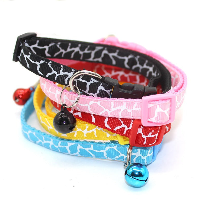 Leopard Skin Patterned Adjustable Kitten Cat Collar With Bell And Snap Buckle