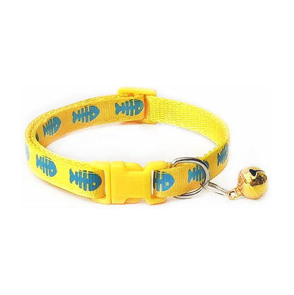 Fish Bones Patterned Cat Collar Adjustable Kitten Puppy Dog Pet Bell Snap Buckle
