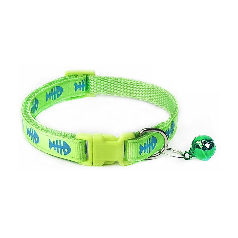 Fish Bones Patterned Cat Collar Adjustable Kitten Puppy Dog Pet Bell Snap Buckle