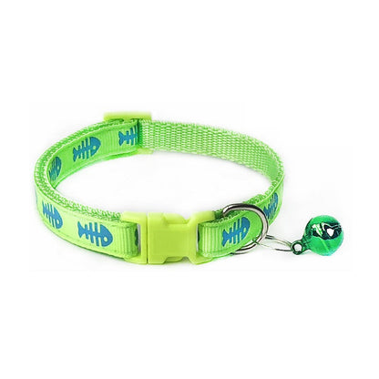 Fish Bones Patterned Cat Collar Adjustable Kitten Puppy Dog Pet Bell Snap Buckle