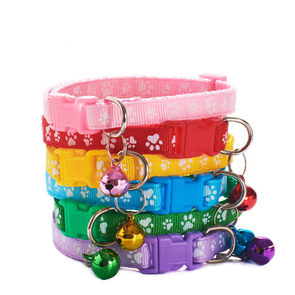 Paws Print Patterned Cat Collar Adjustable Kitten Puppy Dog Pet Bell Snap Buckle