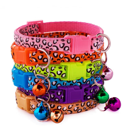 Leopard Skin Patterned Adjustable Kitten Cat Collar With Bell And Snap Buckle