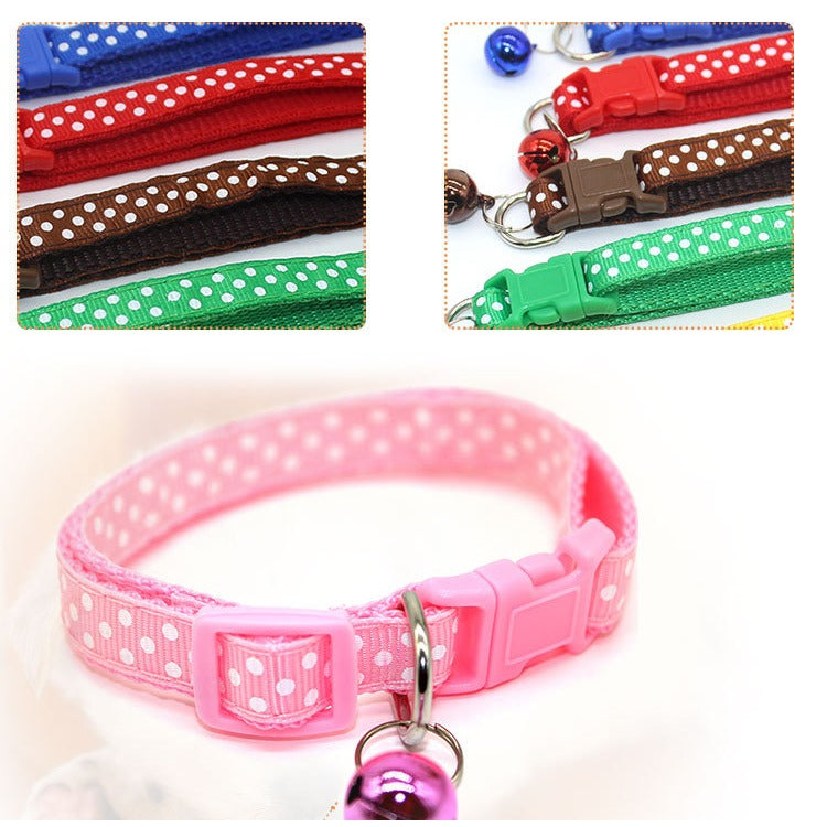 Dots Pattern Cat Collar Adjustable Kitten Puppy Dog Pet Collar Bell Snap Buckle